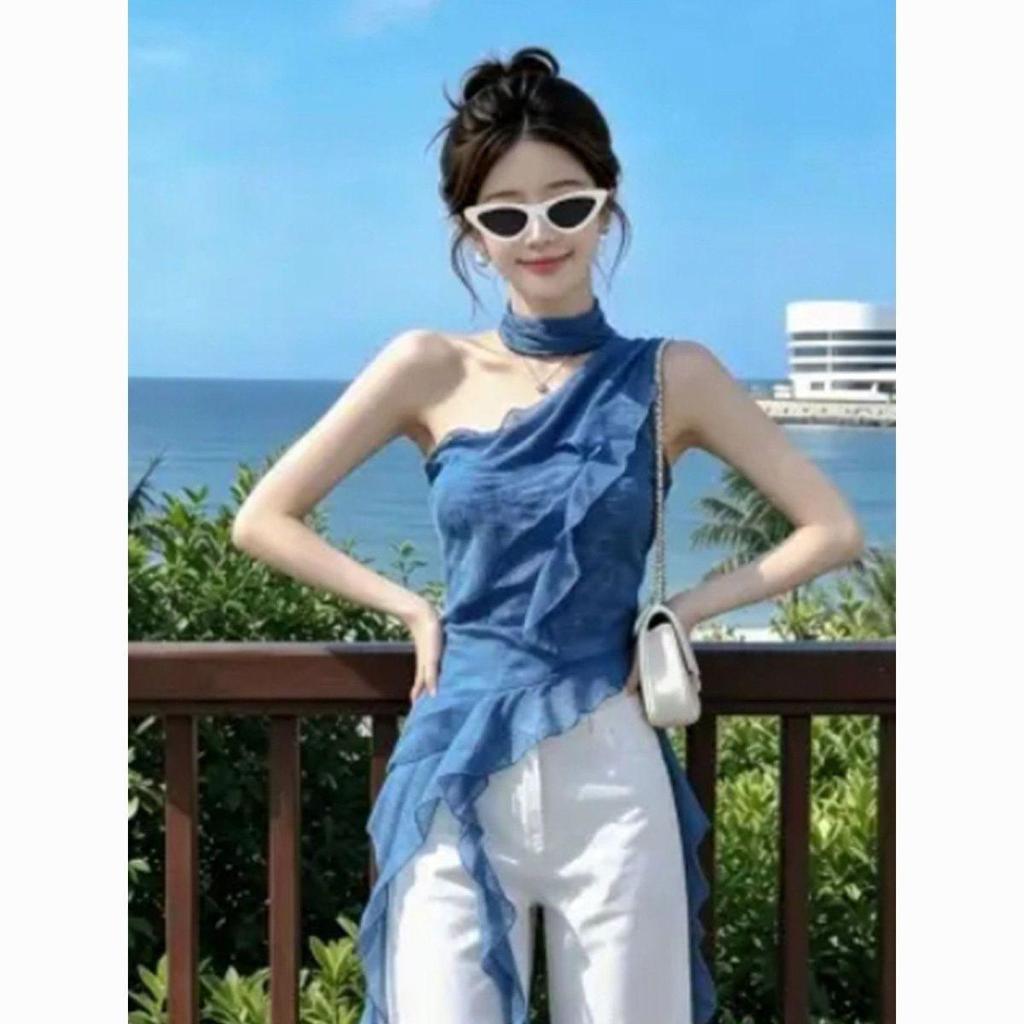 [Lấy điên cuồng có hạn trong thời gian] Mùa hè 2026 Phong cách mới Pháp Đẹp Ruy băng sang trọng Màu xanh không tay Áo sơ mi voan kỳ nghỉ bên bờ biển cay ngọt ngào