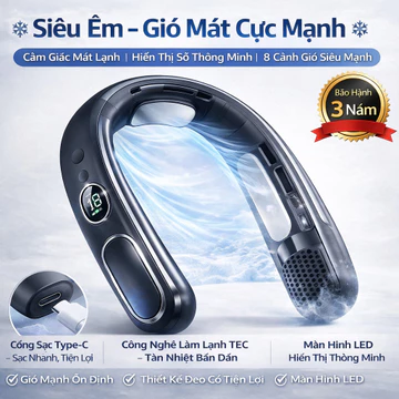 Quạt đeo cổ mini làm mát TEC không cánh, quạt cổ màn hình LED, quạt đeo cổ sạc Type-C cho mùa hè