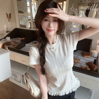 VM-Áo Thun Ngắn Tay Ren Ren Đơn Giản Jacquard Phiên Bản Hàn Quốc