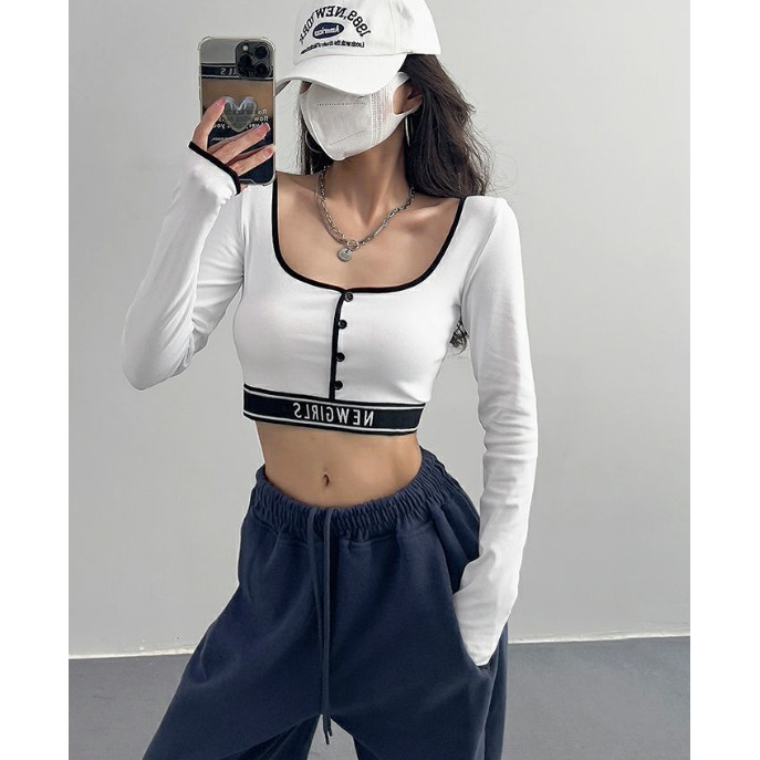 Milyfashion Tay Dài T Màu Khóa Siêu Ngắn Rốn Cao-