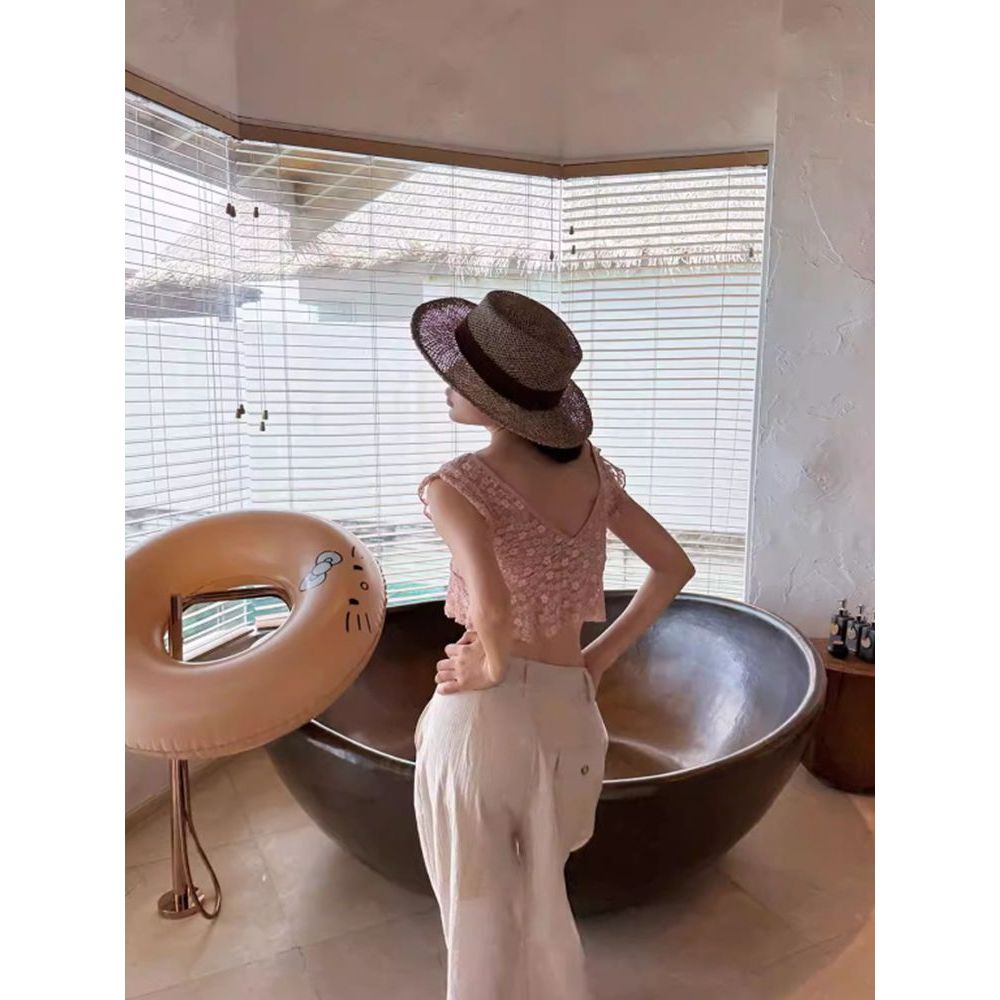 Milyfashion Gợi Cảm Lá Sen Tay Nhìn Xuyên Rỗng Ren Cổ Chữ V Sâu Rốn Mở Rộng T Mỏng Ngắn Top Bé tee Quần Áo Nữ