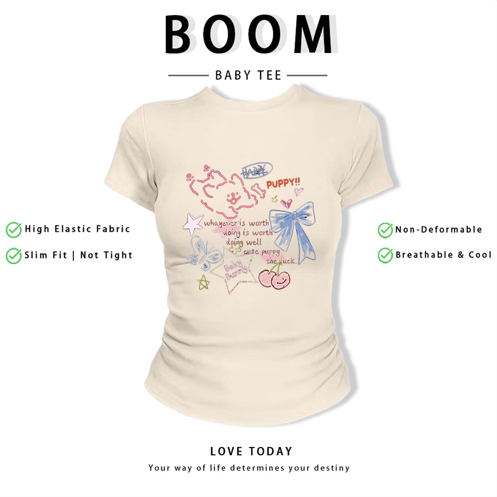 BOOM Áo Baby Tee Nữ Cotton Ôm Body-Áo Thun Ngắn Tay Y2K In Hình PhongCách Mùa Hè, Cổ Tròn Hàng Đầucách hàn quốc phongR38