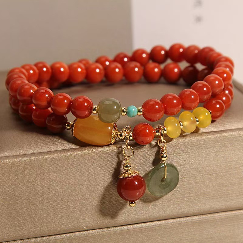 Mới Nam Đỏ Mã Não Nhiều Lớp Vòng Tay Vintage Sang Trọng Sáp Ong Khóa An Toàn Vòng Tròn Đôi Vòng Tay Thời Trang Ins Niche Tay Trang Sức Cho Nữ Người Bạn Thân Nhất
