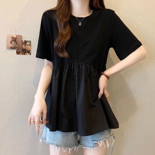 Áo Sơ Mi Bé Đen Áo Thun Tay Ngắn Plus Size Nữ Mùa Hè Béo mm Rời Bao Bụng Phong Cách Phương Tây Giảm Tuổi Top e