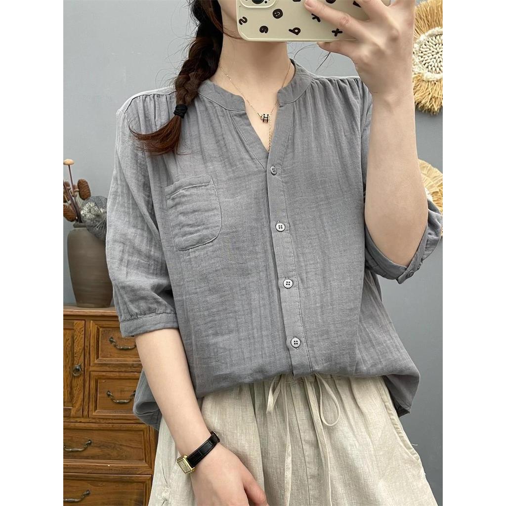 [Sẵn Sàng] Áo Sơ Mi Nữ 100% Sợi Cotton Cao Cấp Văn Học Cổ Chữ V Màu Trơn Cotton Mềm Thoáng Khí Áo Sơ Mi Cotton Cho Bé