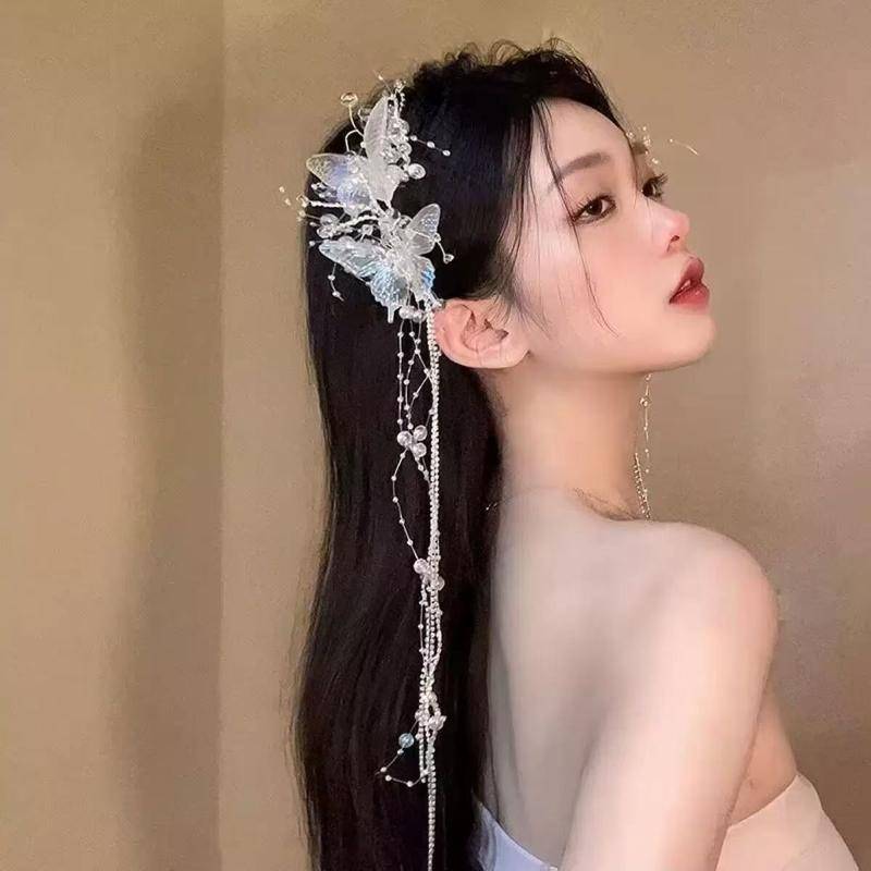 Kẹp tóc đính cườm bướm dài BT dành cho nữ, Phụ kiện tóc cô dâu thời trang [NUW]