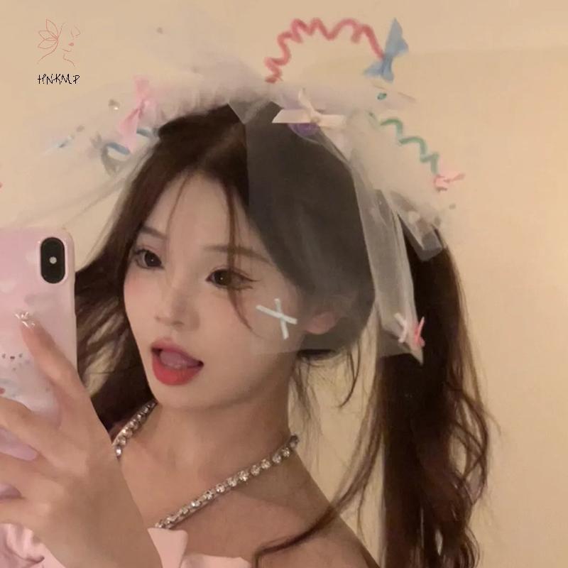 HNKMP Dễ Thương Vui Nhộn Phóng Đại Viền Nơ Kim Cương Giả Xoắn Sti Lưới Trắng Veil Mùa Xuân Kẹp Cho Bé Gái Tiệc Halloween Phụ Kiện Tóc.