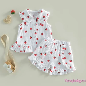 Bộ trang phục 2 món dành cho bé gái Áo + Quần short không tay in hình dâu tây