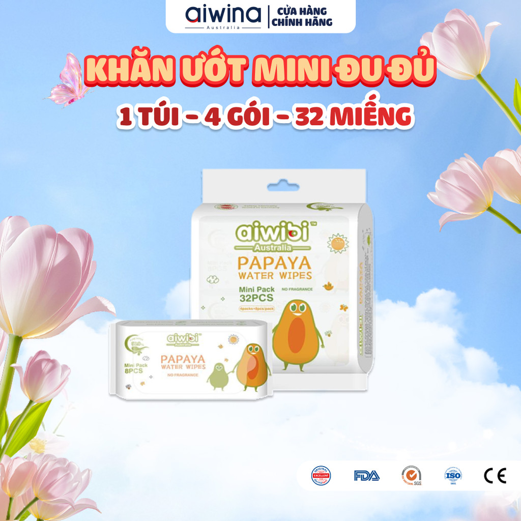 Khăn Ướt Mini Aiwibi Bỏ Túi Tiện Lợi Chiết Xuất Đu Đủ (1 túi x 4 gói x 8 miếng)
