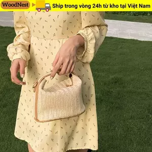 Ví dệt WOODNEST, Dây đeo vai Túi cói đan ống hút, Túi xách phong cách Bohemian nhỏ mùa hè