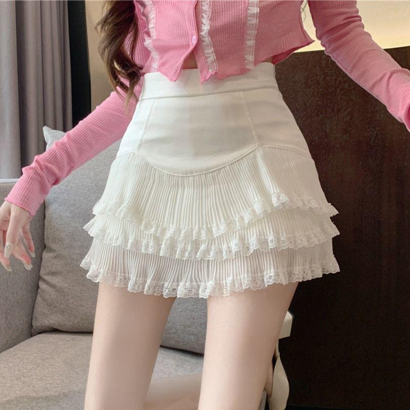 Chân váy ngắn trắng ren hoa viền bèo phong cách ngọt ngào dễ thương