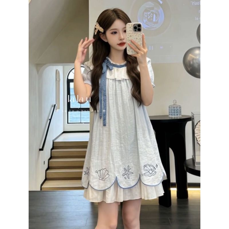 [Khuyến mãi trong thời gian có hạn] Phong cách Hàn Quốc ngọt ngào Preppy Phong cách Bowknot Puff Tay áo thiết kế Váy nữ mùa hè Phong cách mới dáng rộng mỏng hơn Váy ngắn