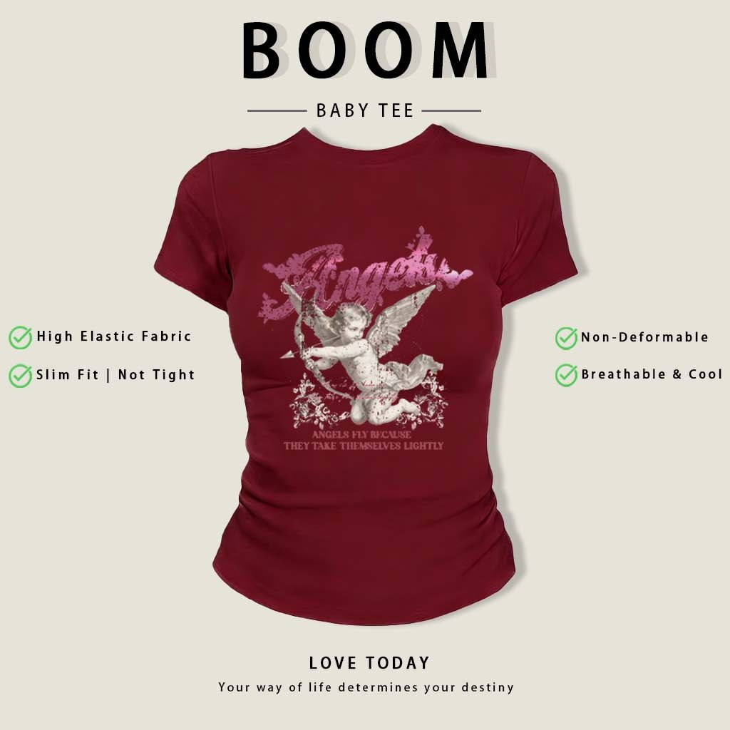 BOOM Áo Baby Tee Nữ Cotton Ôm Body-Áo Thun Ngắn Tay Y2K In Hình PhongCách Mùa Hè, Cổ Tròn Hàng Đầucách hàn quốc phongR02