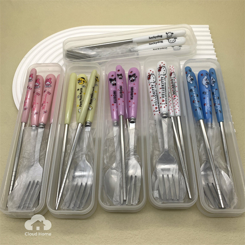 Bộ đồ ăn bằng thép không gỉ Sanrio gồm thìa, dĩa và đũa, bộ 3 món dễ thương.