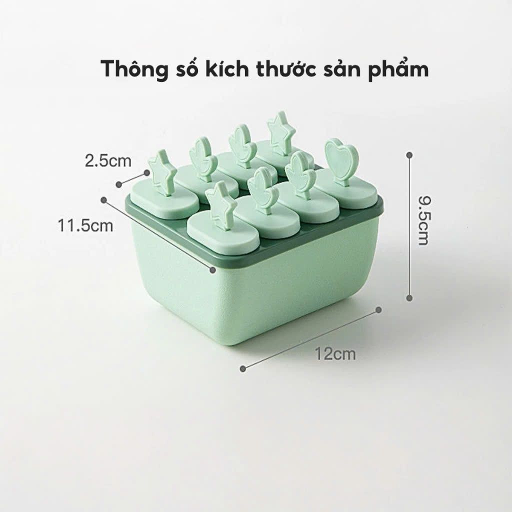 Khuôn Kem 8 Ngăn Có Hộp, Khay Làm Kem Que Thạch Pudding Hoa Quả Chất Liệu Nhựa PP An Toàn Dễ Sử Dụng bé