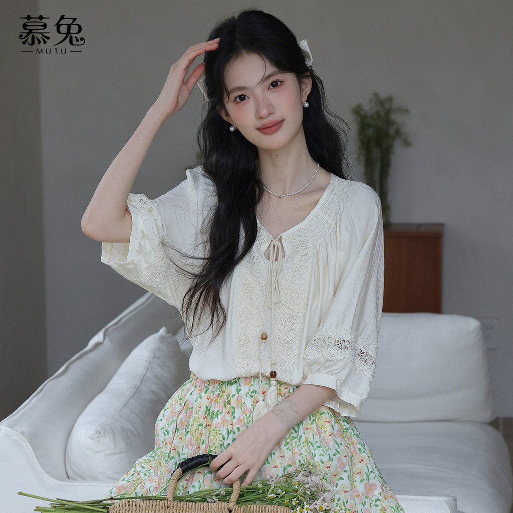 Mutu Áo Sơ Mi Retro Nghệ Thuật Ren Khâu, Phong Cách Mùa Hè, Thiết Kế Niche Top