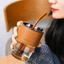 Cốc thủy tinh chịu nhiệt, Cốc thủy tinh bọc da kèm ống hút ( Màu ngẫu nhiên )