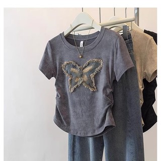 Niche Hơi Béo mm Plus Size Nữ Xuân Hè Mỏng Hơn Nhìn Ngọt Cay Top Áo Thun Tay Ngắn Miếng Dán Thêu Bướm e