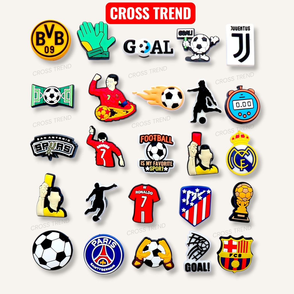 Charm gắn dép cross BÓNG ĐÁ, Nút gắn sticker trang trí thể thao hoạt hình nhựa PVC CROSS TREND
