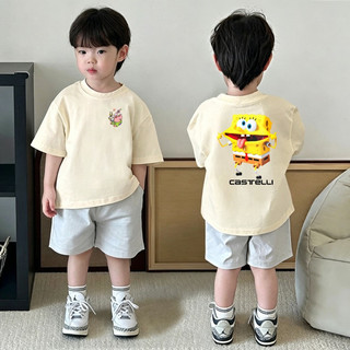 (Dành cho trẻ từ 1-12 tuổi) Áo thun ngắn tay cho trẻ em, in hình chú bọt biển hoạt hình, cổ tròn, chất liệu thoáng khí.