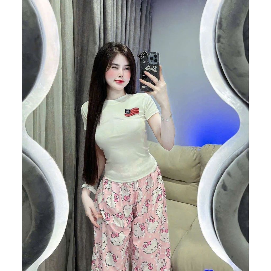 [ MỞ BÁN GIẢM 60% ] Sét quần ki ty màu hồng dáng dài + mix áo thun tăm croptop LÁ CỜ MỸ AA-CHANG