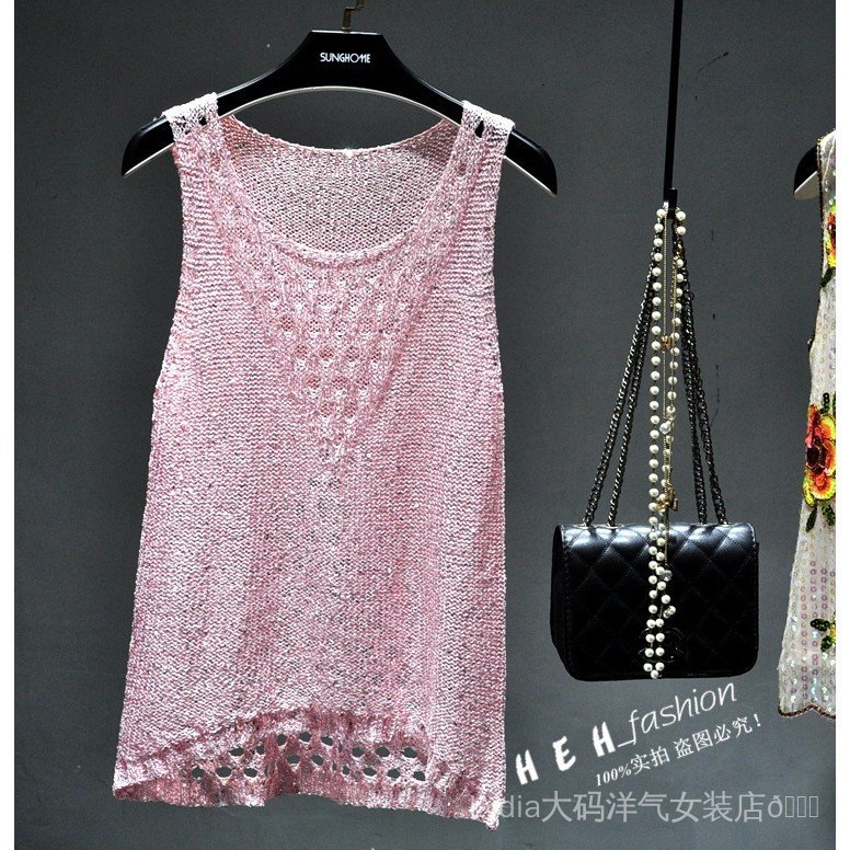 [Ưu đãi đặc biệt trong thời gian có hạn] Spike Size lớn Thời trang chất lượng cao dành cho nữ mùa hè Kim sa lấp lánh Kim sa lấp lánh Rỗng Áo dệt kim mỏng không tay ngắn phía trước ngắn lưng Áo thun dài Áo thun nữ hàng đầu