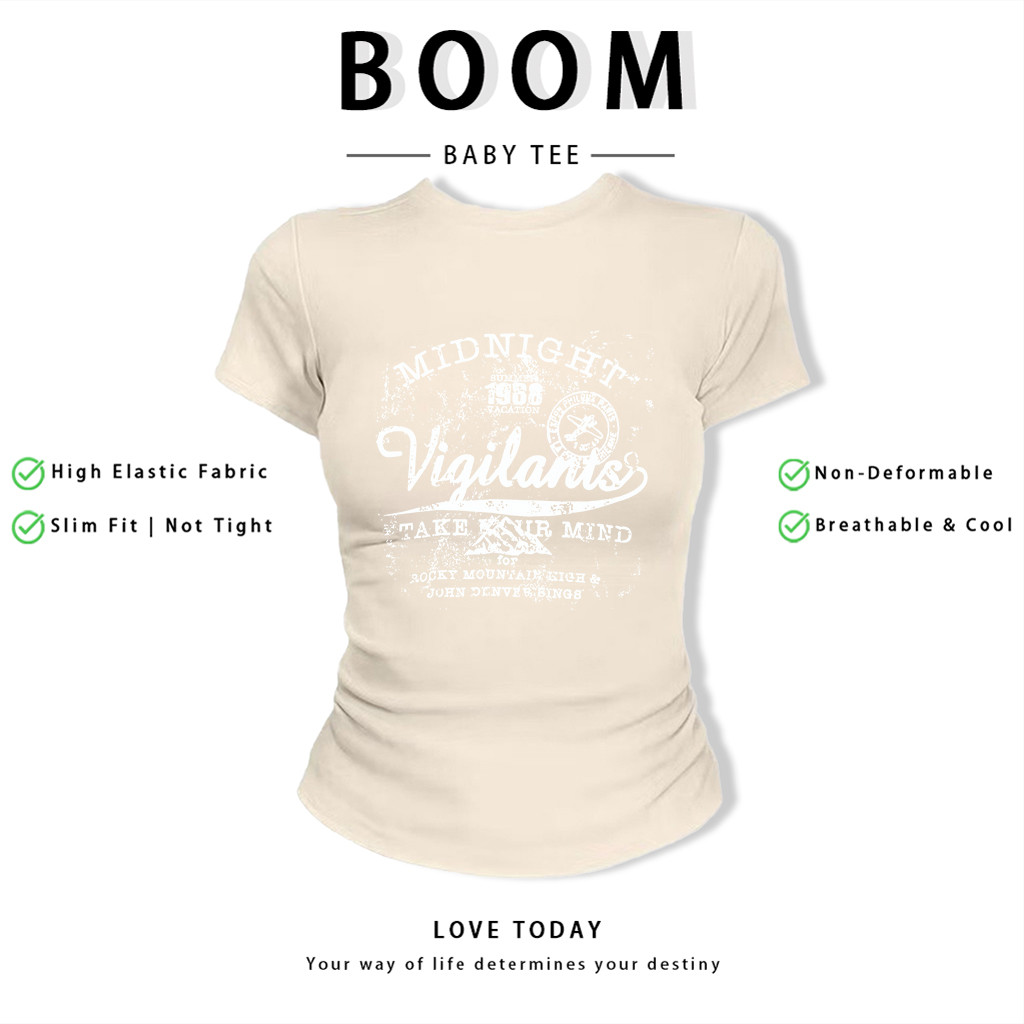 BOOM Áo Baby Tee Nữ Cotton Ôm Body-Áo Thun Ngắn Tay Y2K In Hình PhongCách Mùa Hè, Cổ Tròn Hàng Đầucách hàn quốc phongV38