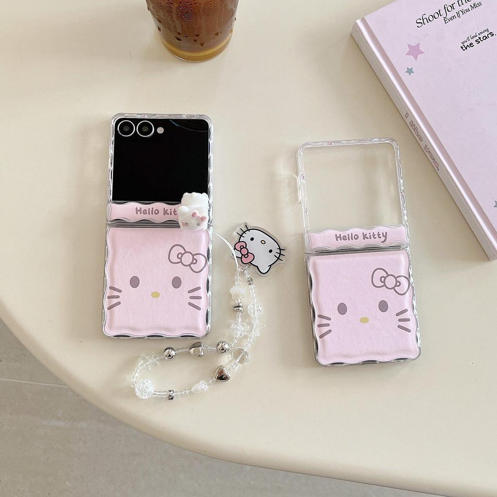 Thích Hợp Cho Samsung Galaxy ZFlip7 ZFlip 6 Màu Hồng Mặt Lớn KT Vỏ Điện Thoại Dây Gấp Vỏ Cứng Cho Z Flip 7 6 5 5G Vỏ Bảo Vệ