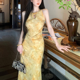 Đầm Qipao dáng dài vừa phải, phong cách Trung Hoa thiết kế khoét vai, thanh lịch dịu dàng cho Nữ