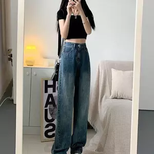 Quần jean ống rộng hình quả lê lưng cao mùa hè dáng rộng cổ điển màu xanh
