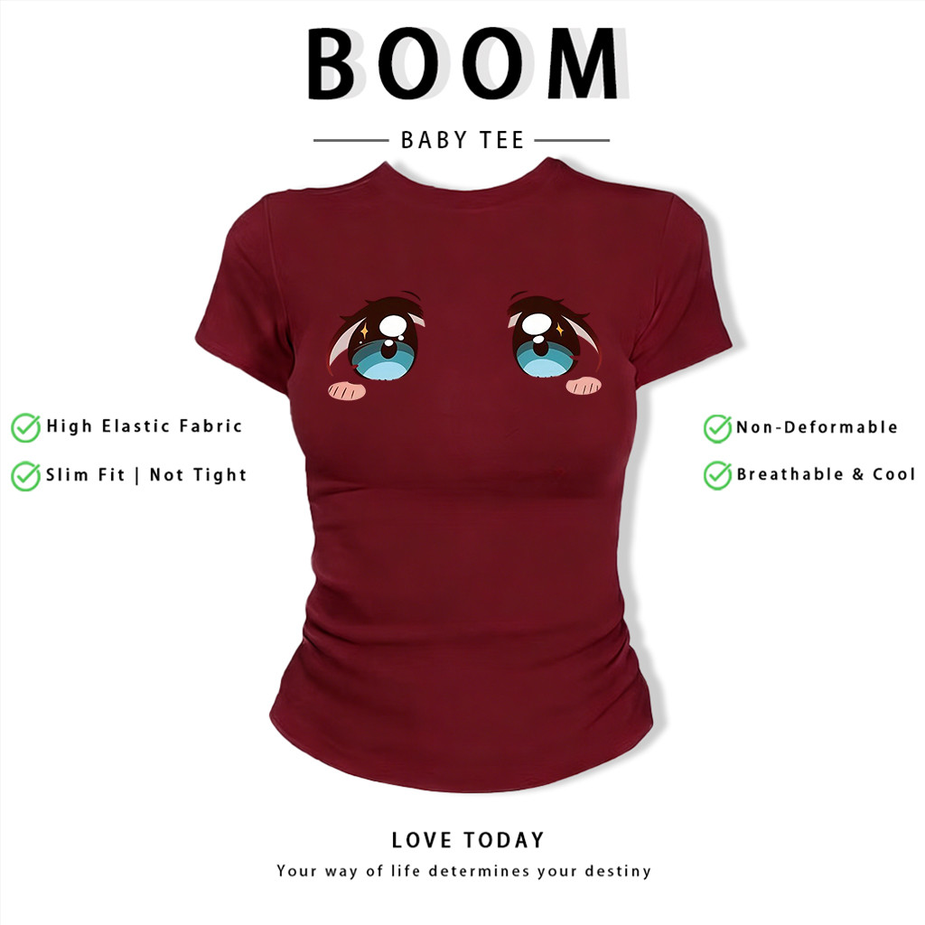 BOOM Áo Baby Tee Nữ Cotton Ôm Body-Áo Thun Ngắn Tay Y2K In Hình PhongCách Mùa Hè, Cổ Tròn Hàng Đầucách hàn quốc phongG82