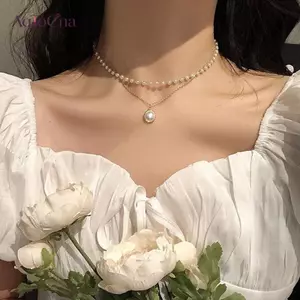 AqToCna Thời Trang Mới Kpop Ngọc Trai Choker Nelace Dễ Thương Hai Lớp Dây Chuyền Mặt Dây Chuyền Cô Gái Quà Tặng AqToCna
