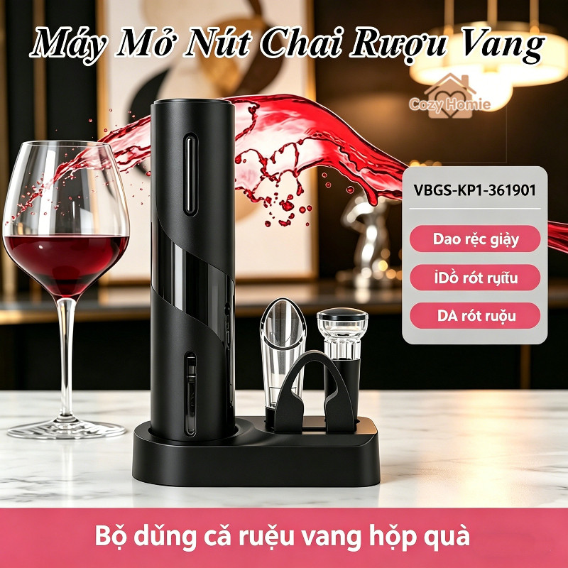 Dụng cụ mở nút chai rượu vang đỏ tự động tích hợp lưỡi cắt, bao gồm cáp sạc, một phụ kiện nhà bếp tiện lợi