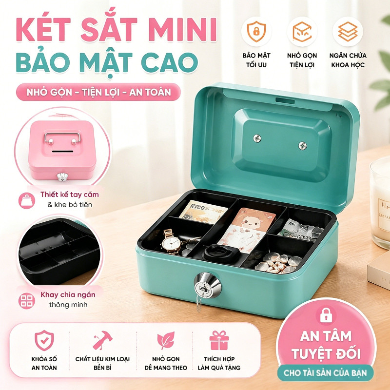 Ống tiết kiệm kim loại cầm tay, Hộp đựng tiền nhỏ có khóa, Hộp đựng tiền mini, Hộp đựng tiền an toàn
