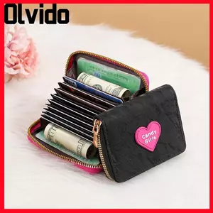 Ví đựng tiền xu nữ OLVIDO, Ví dây kéo ngắn màu kẹo, Khe cắm thẻ nhiều hình trái tim Hộp đựng thẻ ngân hàng ID sinh viên