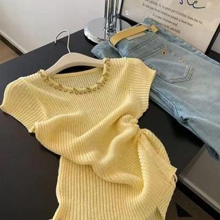 [Hàng mới về] Quần áo mùa hè Phong cách Hàn Quốc Công nghiệp nặng Đính cườm Áo dệt kim ngắn tay nữ 2026 Mùa hè Đơn giản đi lại Dây rút eo hẹp Slimm