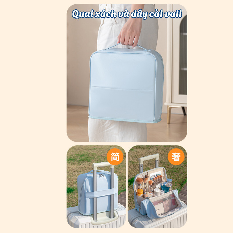Túi Đựng Mỹ Phẩm Du Lịch HomeMate Kèm Gương Soi – Túi Makeup Da PU Chống Thấm, Nhiều Ngăn Có Quai Xách & Quai Cài Vali