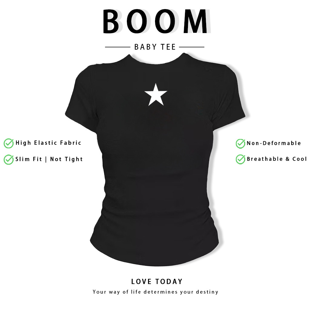 BOOM Áo Baby Tee Nữ Cotton Ôm Body-Áo Thun Ngắn Tay Y2K In Hình PhongCách Mùa Hè, Cổ Tròn Hàng Đầucách hàn quốc phongF89