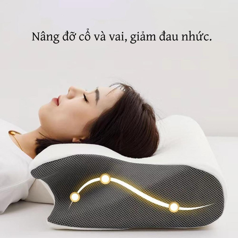 Gối công thái học hình bướm, mút hoạt tính cao cấp, nâng đỡ cổ và vai, thoáng khí và mềm mại, giúp ngăn ngừa ngáy ngủ.