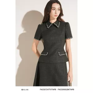 Áo tweed đen vân KT viền dây xích thiết kế Elise FW2507247TVTWPB