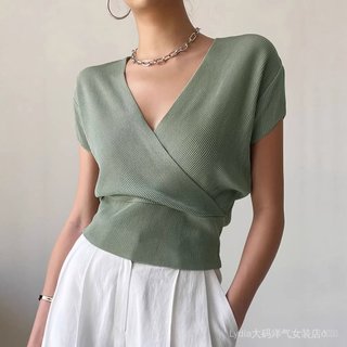 [Giảm giá trong thời gian có hạn] Quần áo nữ cỡ lớn phong cách sang trọng, cổ chữ V, dệt kim ngắn tay dáng rộng, phù hợp mùa hè