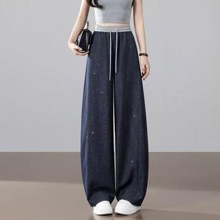 Quần jean nữ dáng rộng xuân hè, sequin cạp cao, ôm body