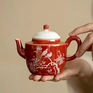 Ấm Sứ Pha Trà Mầu Đỏ San Hô Họa Tiết Đôi Chim Dung Tích 175 ml