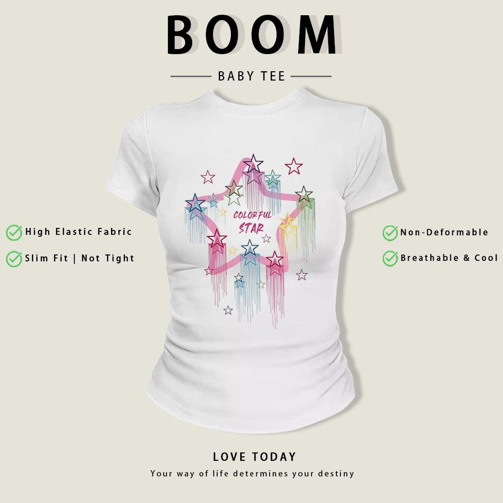 BOOM Áo Baby Tee Nữ Cotton Ôm Body-Áo Thun Ngắn Tay Y2K In Hình PhongCách Mùa Hè, Cổ Tròn Hàng Đầucách hàn quốc phongE70