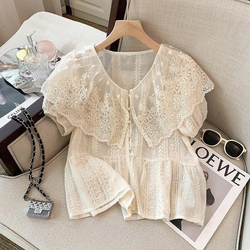 Áo sơ mi cotton kiểu Pháp thêu ren, short sleeves, hơi trong suốt - Perfect cho mùa hè