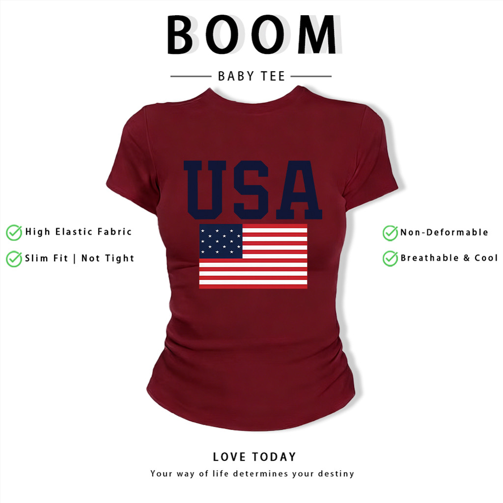 BOOM Áo Baby Tee Nữ Cotton Ôm Body-Áo Thun Ngắn Tay Y2K In Hình PhongCách Mùa Hè, Cổ Tròn Hàng Đầucách hàn quốc phongR36