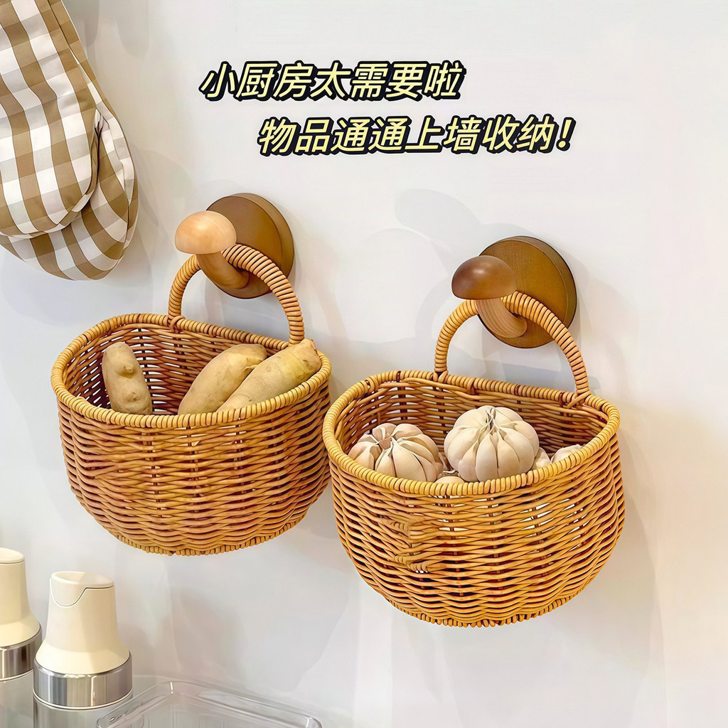 Giá để đồ nhà bếp treo tường cho vỏ sò Gừng và tỏi có móc và giỏ dệt