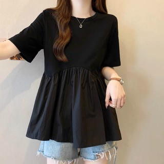Áo Sơ Mi Bé Đen Áo Thun Tay Ngắn Plus Size Nữ Mùa Hè Béo mm Rời Bao Bụng Phong Cách Phương Tây Giảm Tuổi Top e