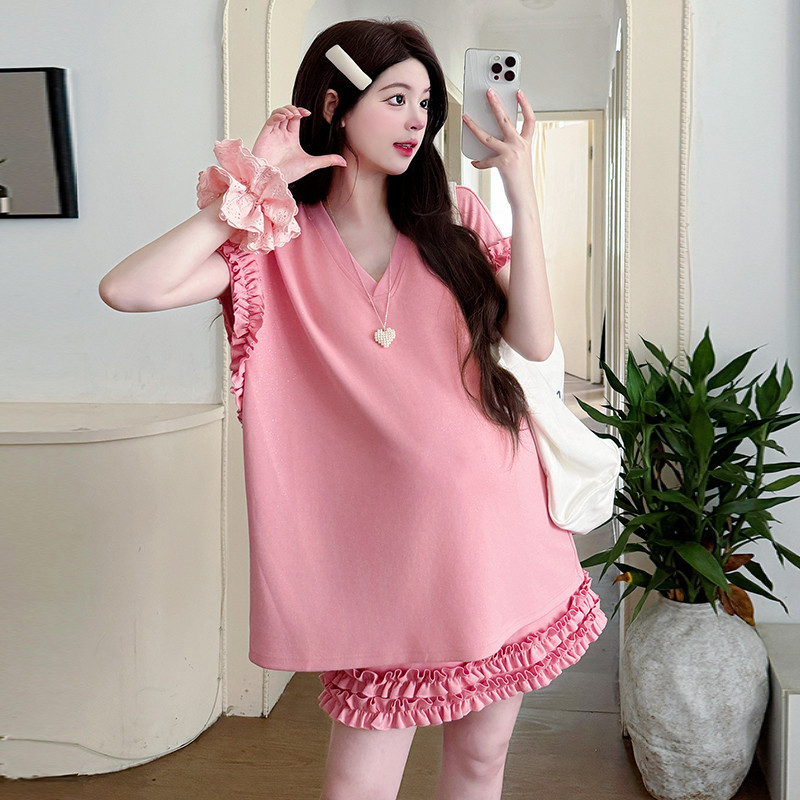 Bộ đồ bà bầu gồm váy vest ren mùa hè và bộ đồ hai mảnh ngắn tay