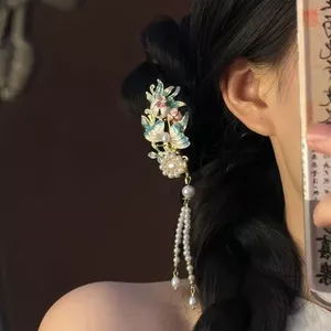 Kẹp tóc Shan Mu handmade phong cách quốc gia, ngọc trai tua rua, phụ kiện tóc Hanfu dành cho nữ